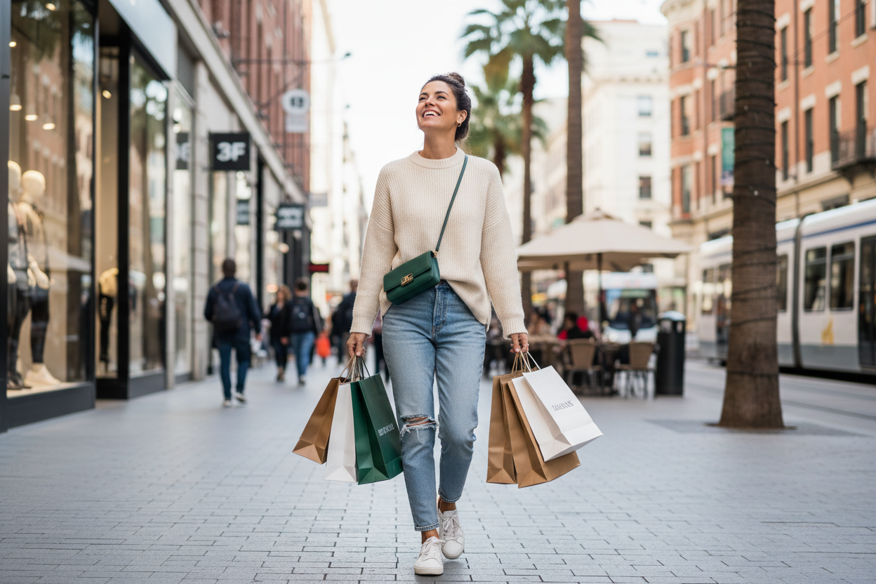 generate one single adult girl image going for shopping